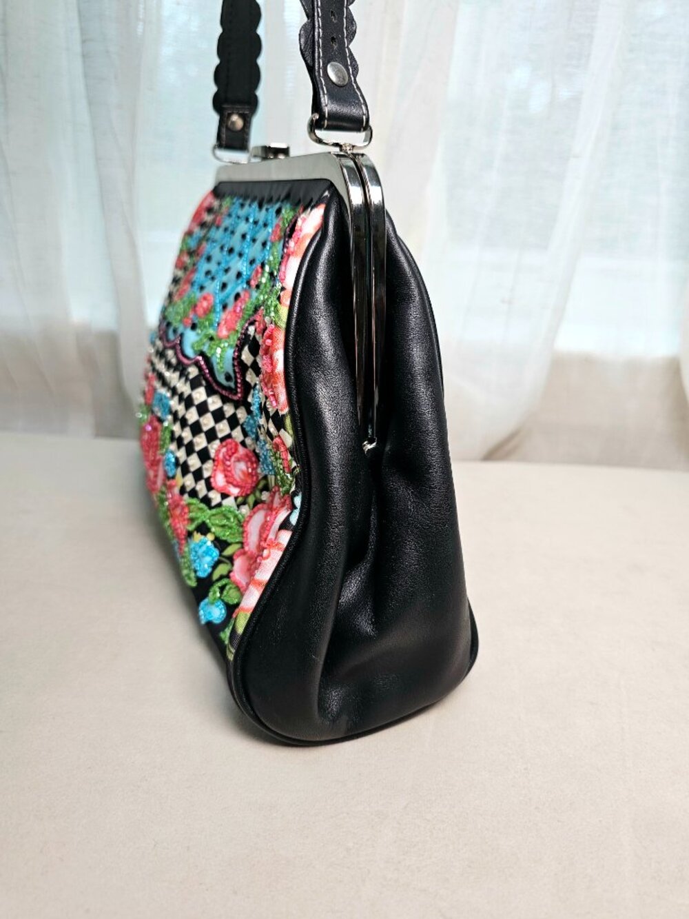 Isabella Fiore Beaded Frame Handbag Floral Patchwork Black Multi Vintage - Picture 10 of 13